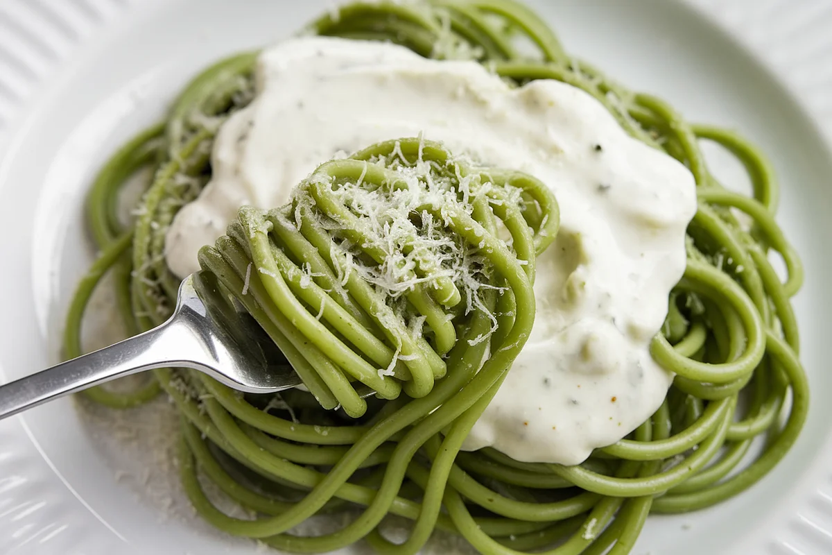 Plate of green spaghetti with poblano sauce.